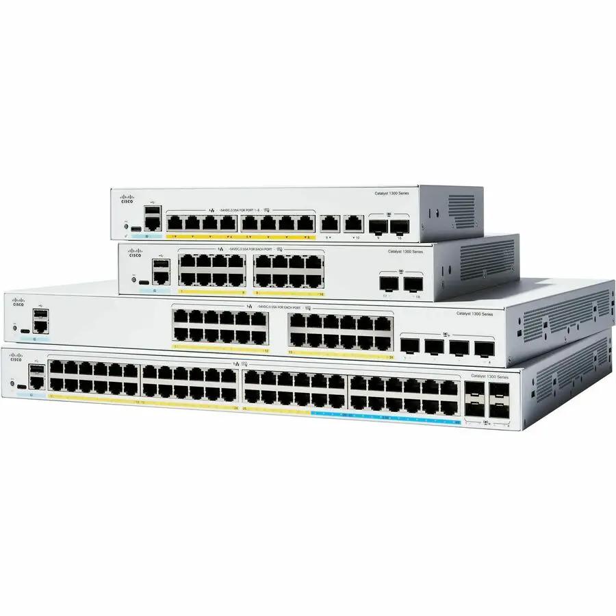 Cisco Catalyst 1300 24-Port PoE SFP Switches, four gray chassis units stacked on a white surface