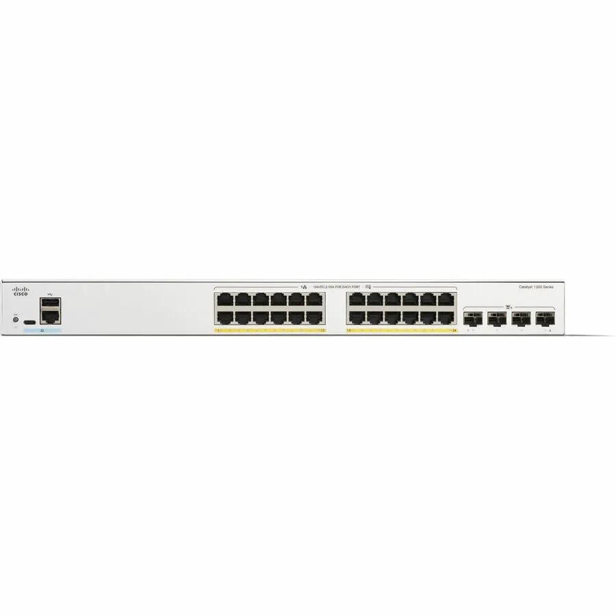 Cisco Catalyst 1300 24-port Gigabit PoE SFP+ switch, gray metal chassis viewed from the front.
