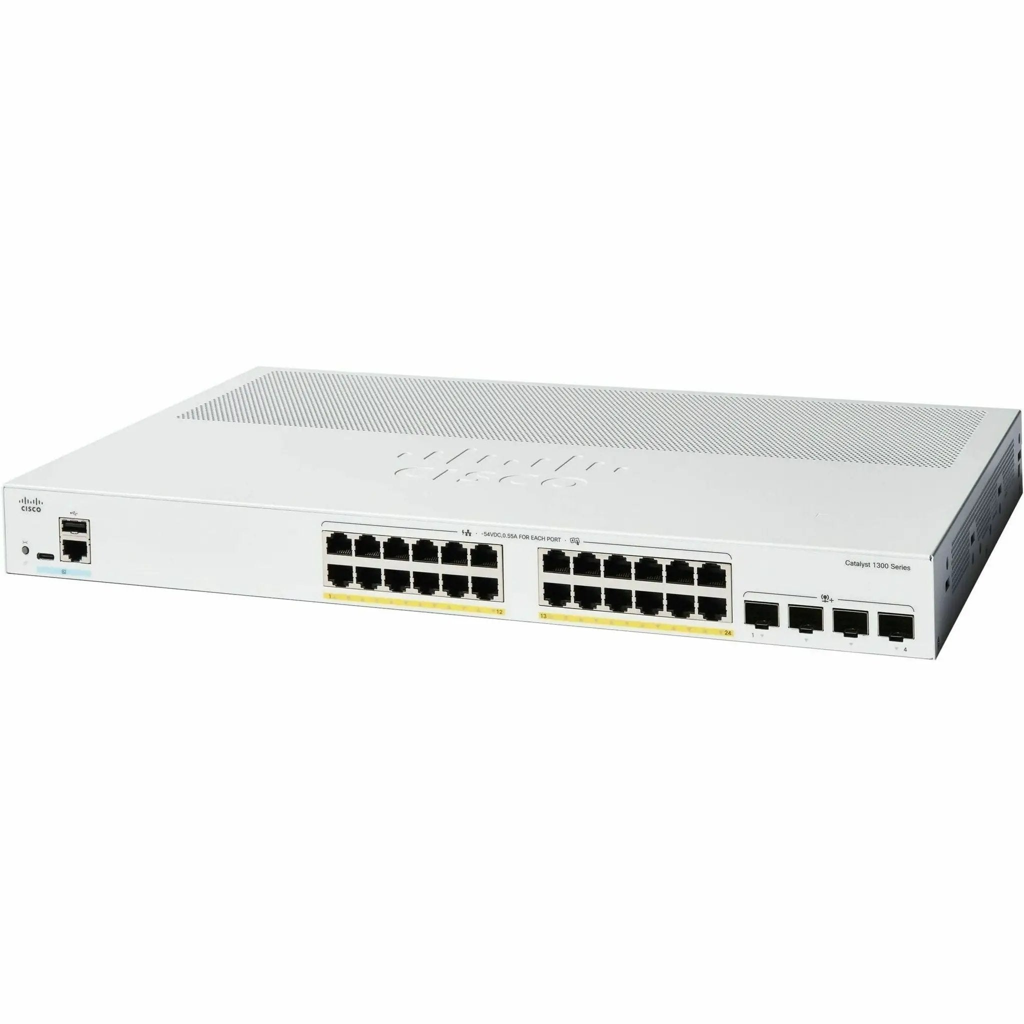 Cisco Catalyst 1300 Series 24-Port Gigabit PoE SFP+ switch, front view of a silver metal chassis