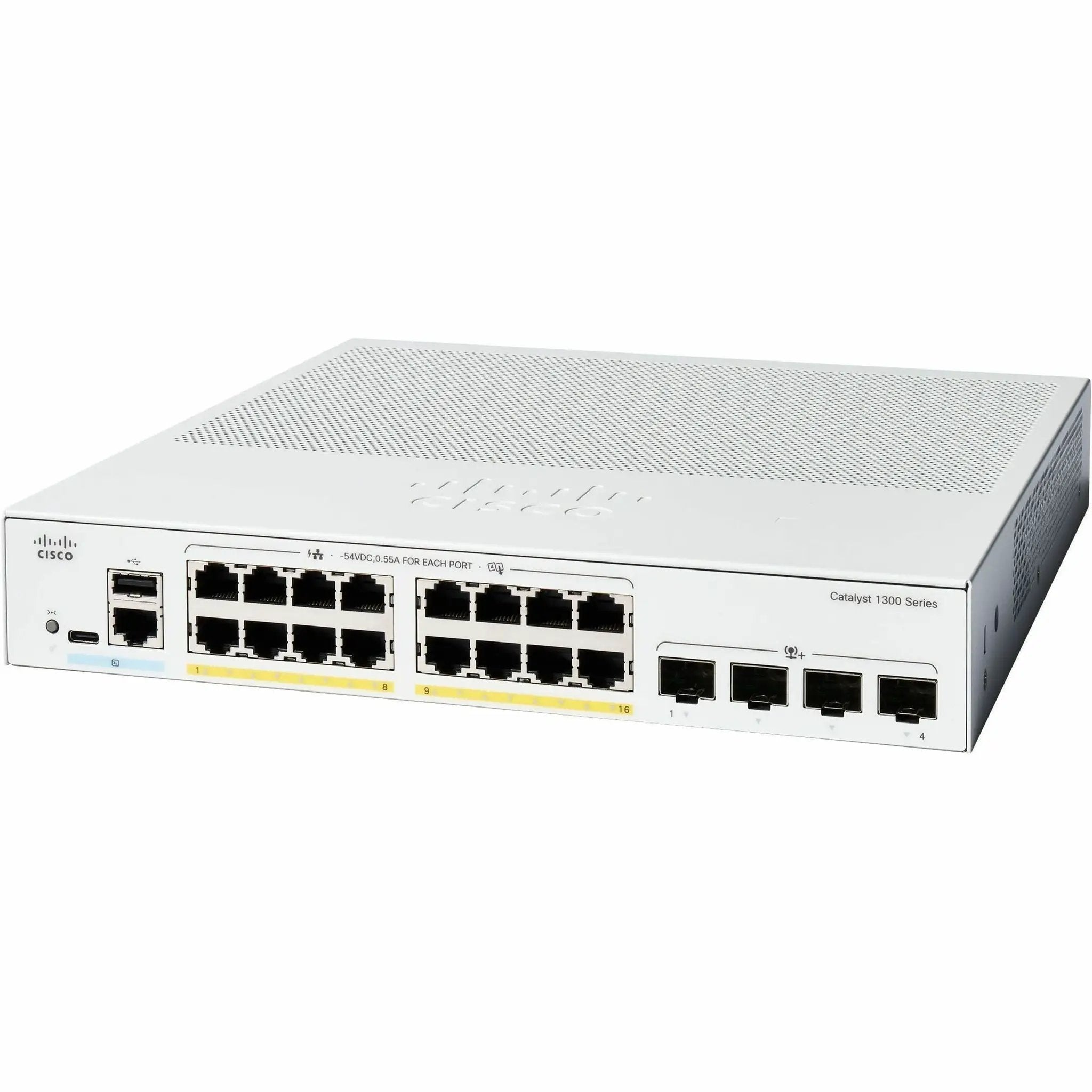 Cisco Catalyst 1300 Series 16-Port Gigabit PoE SFP+ Switch, white metal chassis