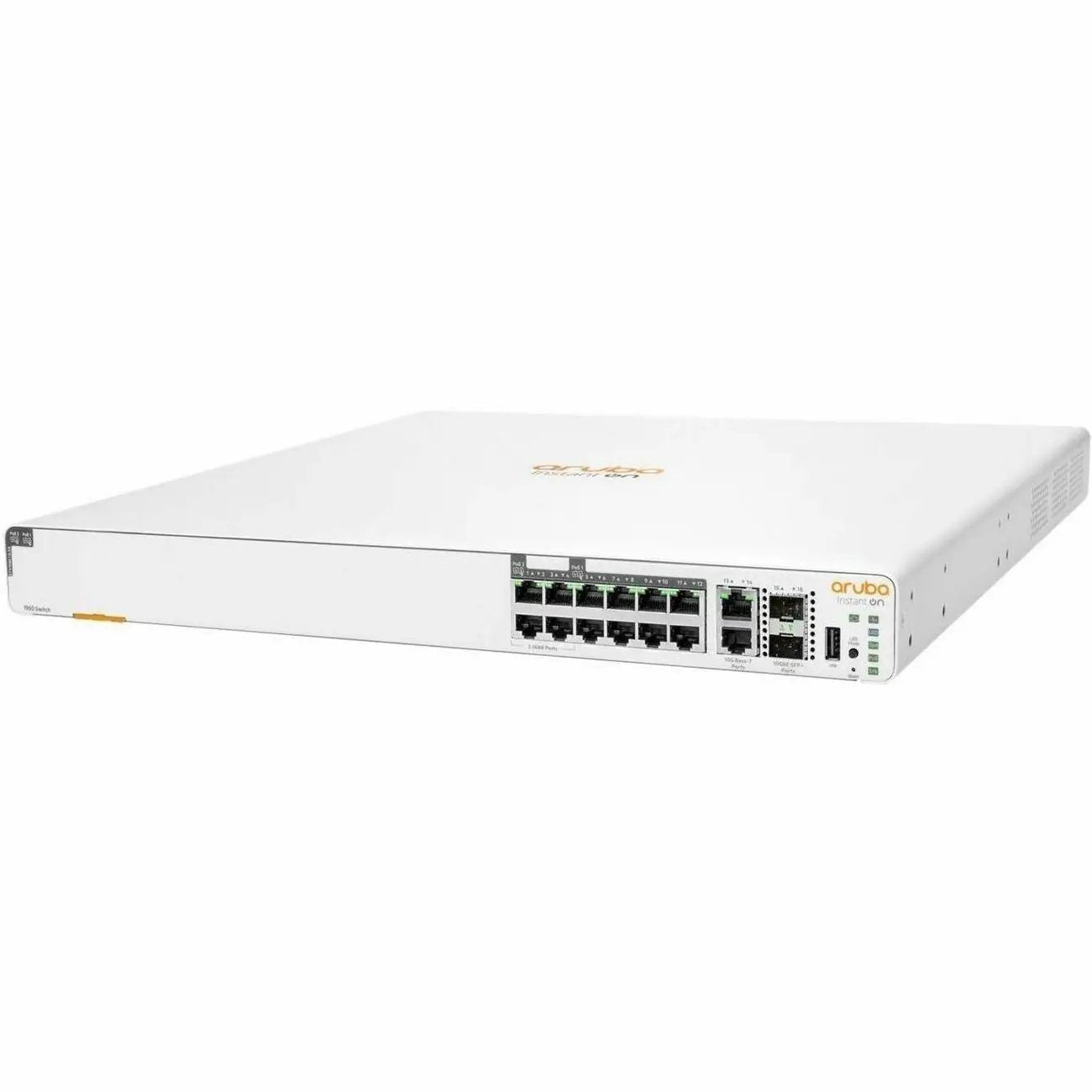 Aruba Instant On 1960 12-Port PoE SFP+ managed switch, white front-panel network switch with Aruba logo