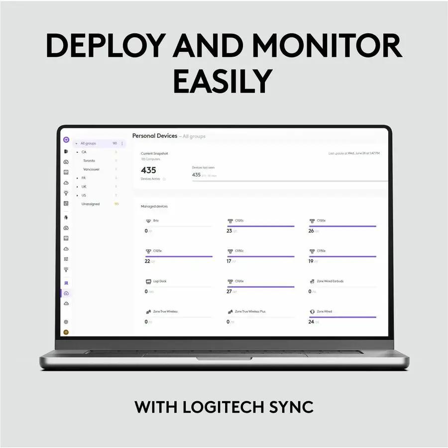 Brio 105 webcam on a silver laptop displaying Logitech Sync