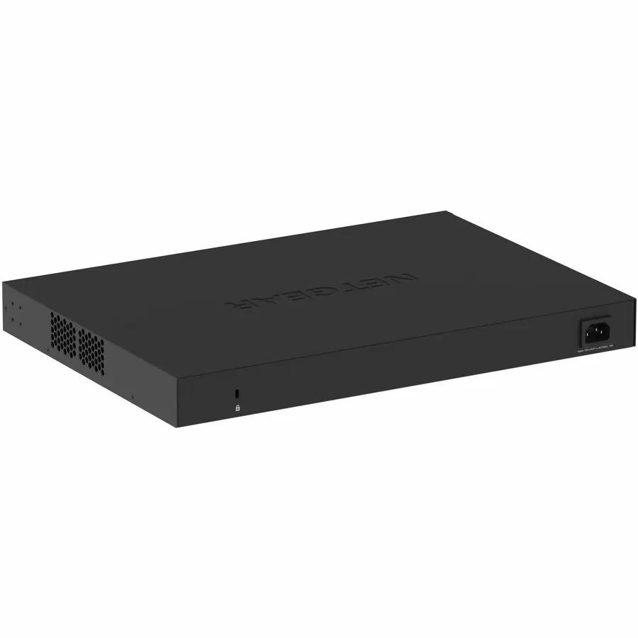 Netgear MG U60 24-Port PoE switch, black metal chassis, AC power inlet on right