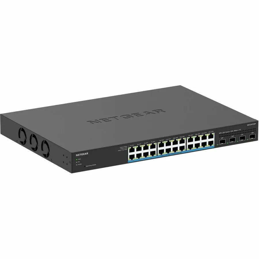 Netgear MG U60 24-port PoE switch, gray metal network switch with 24 RJ-45 ports.