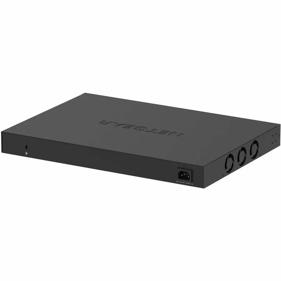 Netgear MG U60 24-Port PoE Switch, black metal enclosure, side view with three cooling fans