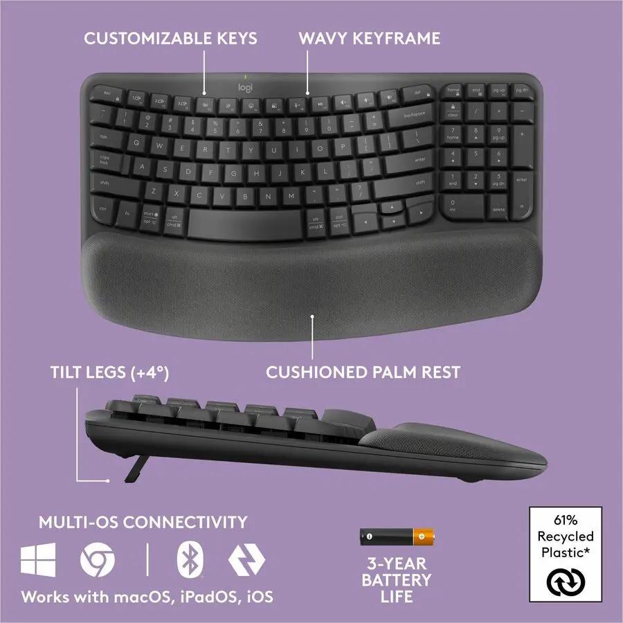Logitech Wave Keys MK670 Combo, Wireless Ergonomic Keyboard with Signature M550 L Wireless Mouse, Graphite