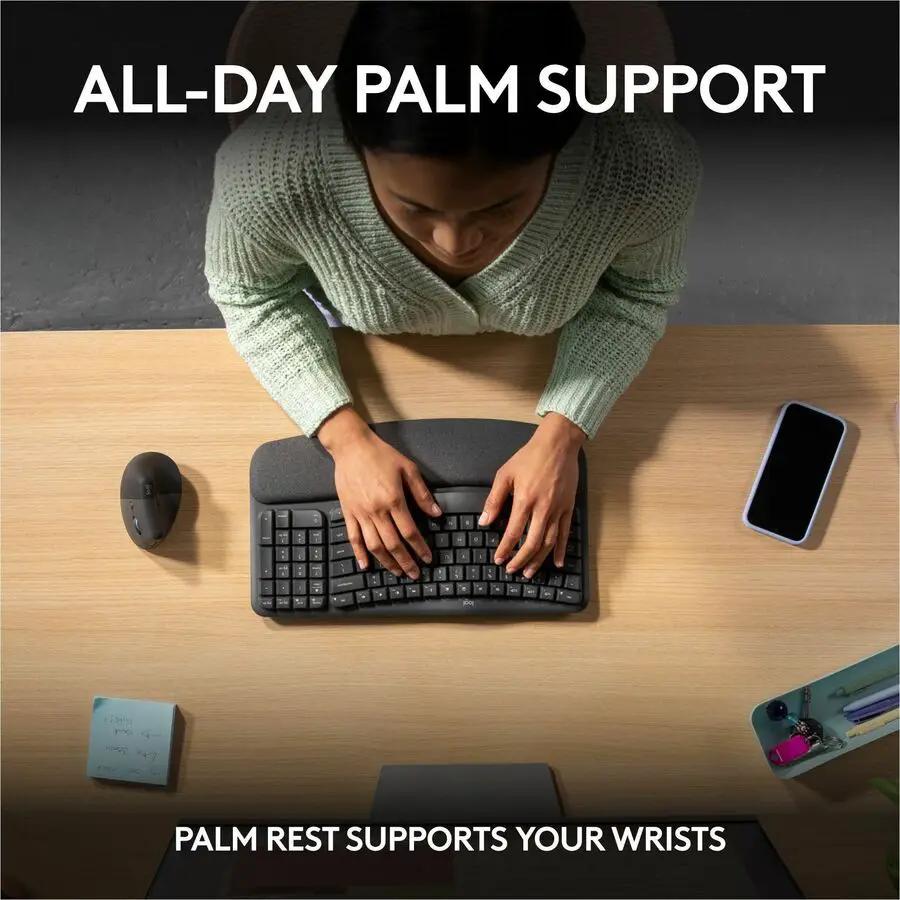Logitech Wave Keys Wireless Ergonomic Keyboard with Cushioned Palm Rest, Comfortable Natural Typing, Graphite