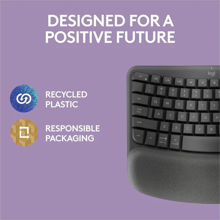 Logitech Wave Keys Wireless Ergonomic Keyboard with Cushioned Palm Rest, Comfortable Natural Typing, Graphite