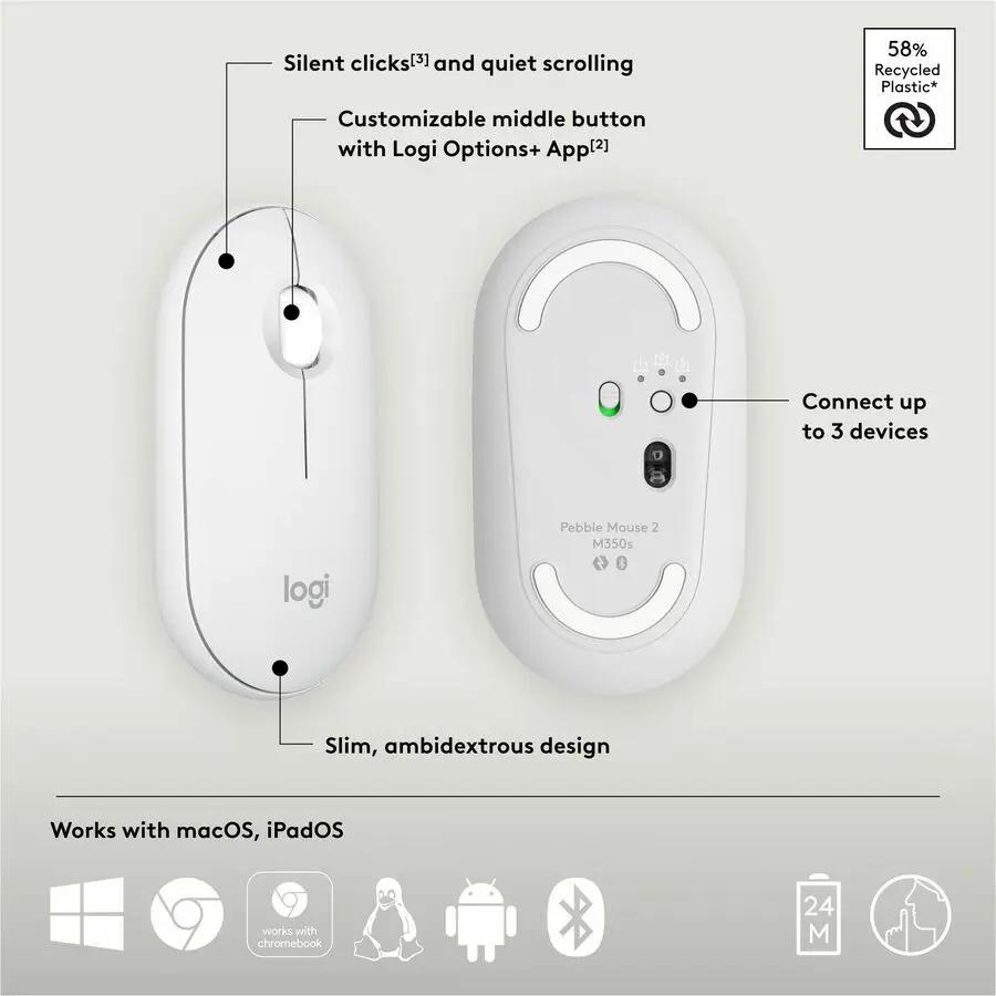 Logitech Pebble Mouse 2 M350s Slim Bluetooth Wireless Mouse, Portable, Customizable Button, Quiet Clicks, Tonal White