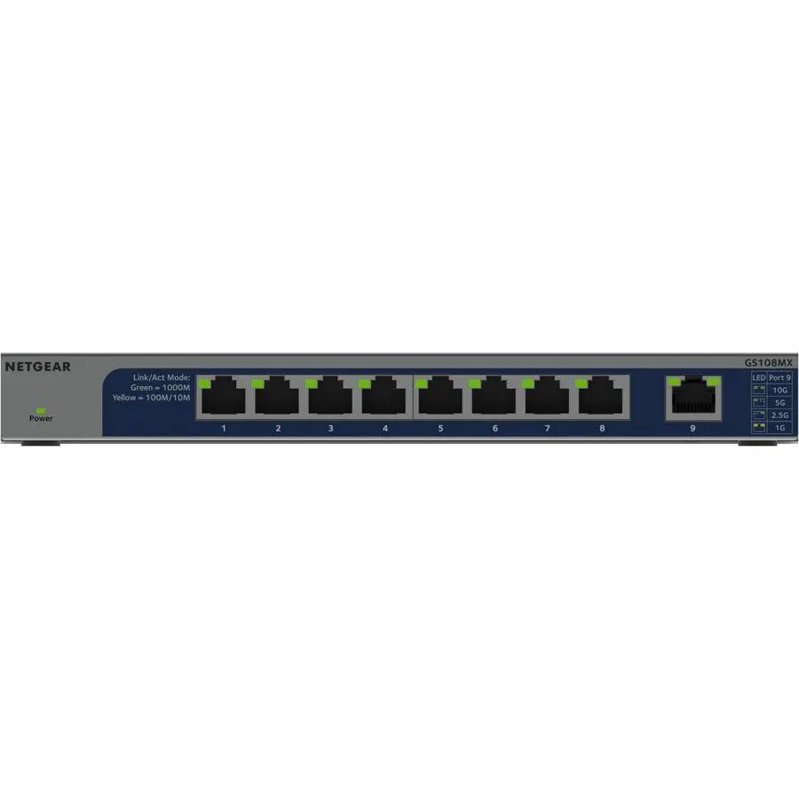 NETGEAR ProSafe GS108MX 8-Port Gigabit Unmanaged Switch blue front panel with 8 RJ45 ports