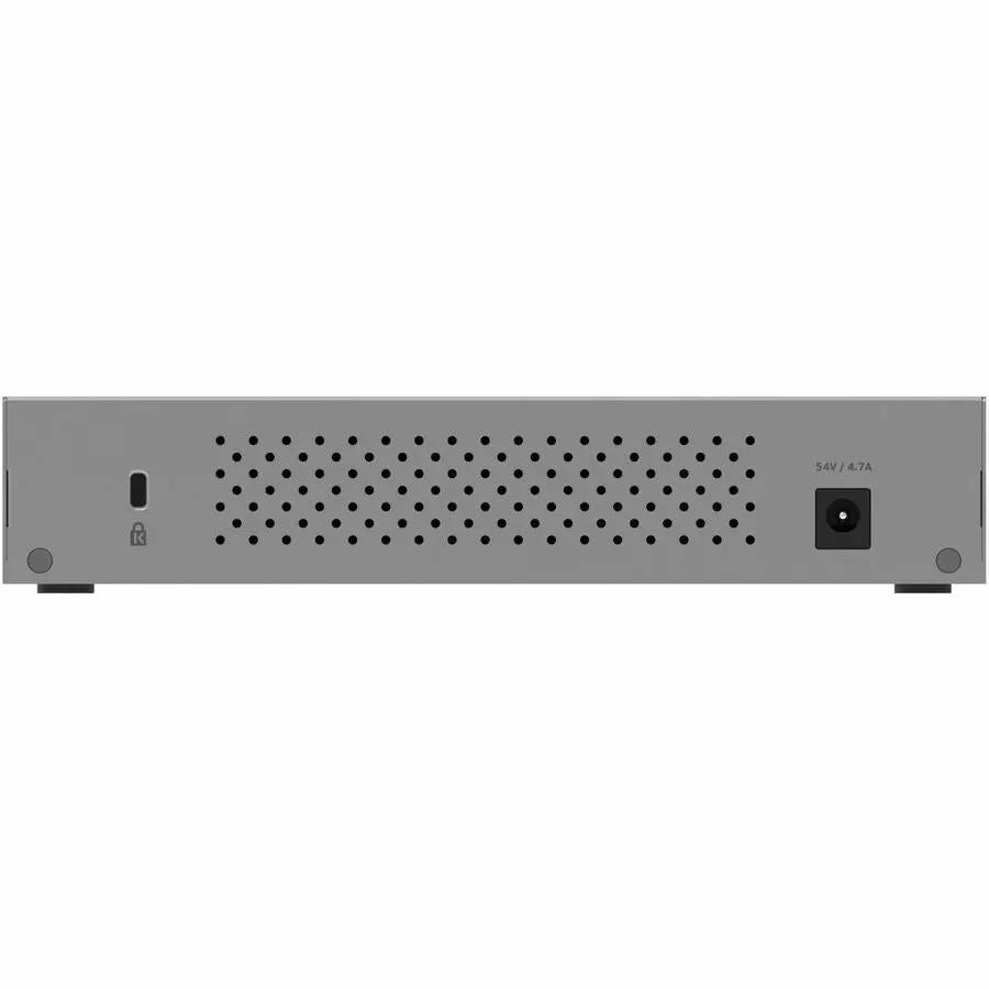 NETGEAR 8-Port PoE SmartSwitch back panel in gray with perforated vents and 54V power connector.