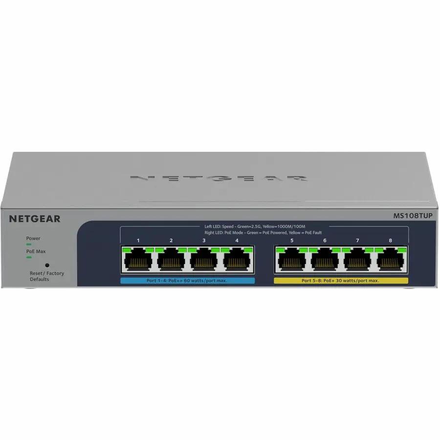 NETGEAR MS108TUP 8-Port PoE Smart Switch, gray metal enclosure with 8 RJ-45 ports