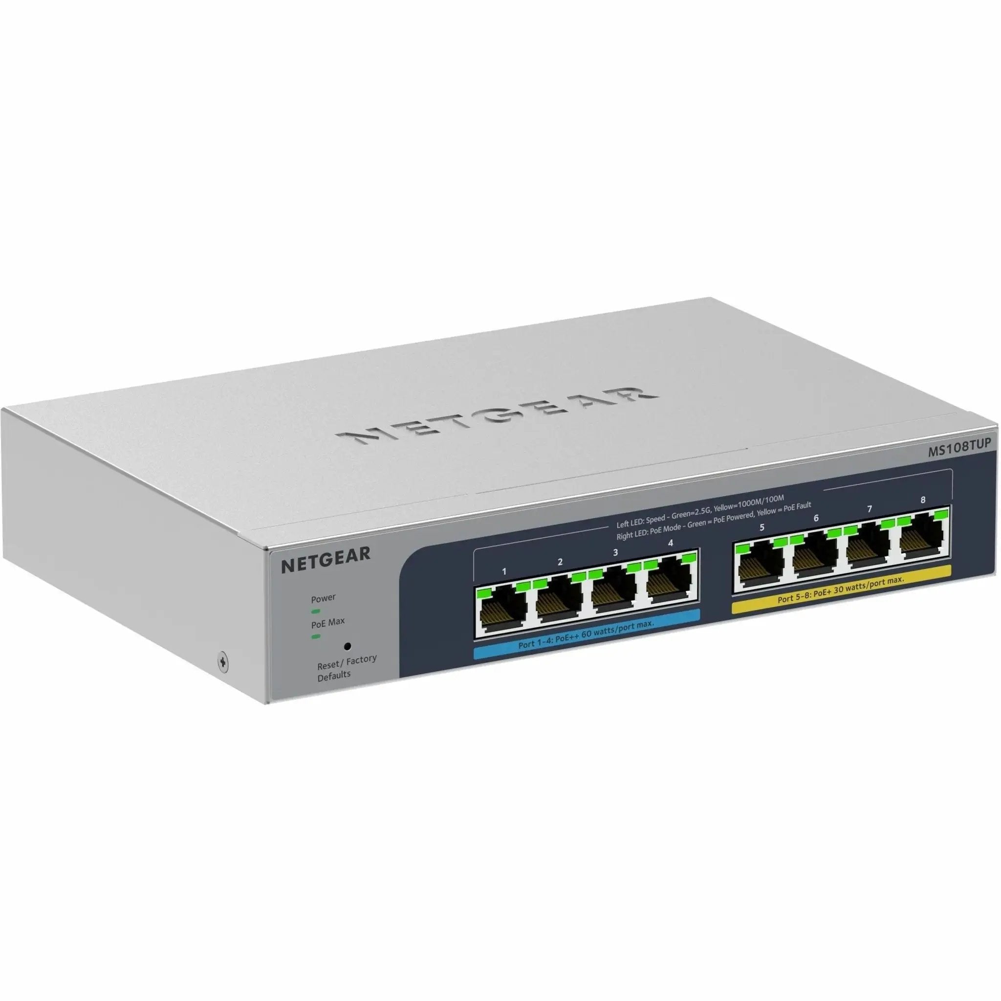 Netgear MS108TUP 8-Port PoE Smart Switch, silver metal enclosure with front-panel LED indicators
