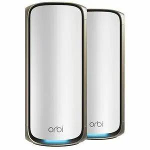 NETGEAR Orbi ORBI9QB WiFi7 router pair, white vertical satellites