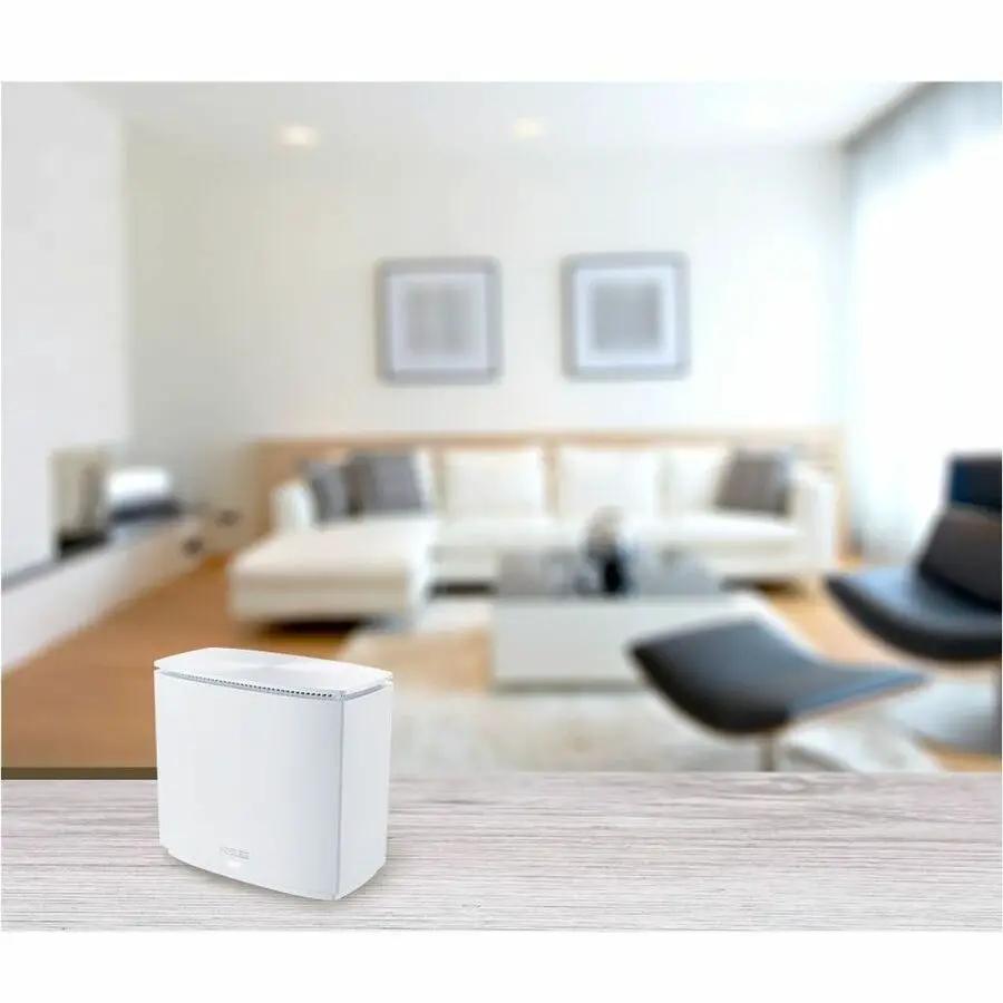ASUS ZenWiFi XC5 AX3000 WiFi 6 AiMesh router, white, on a living room table