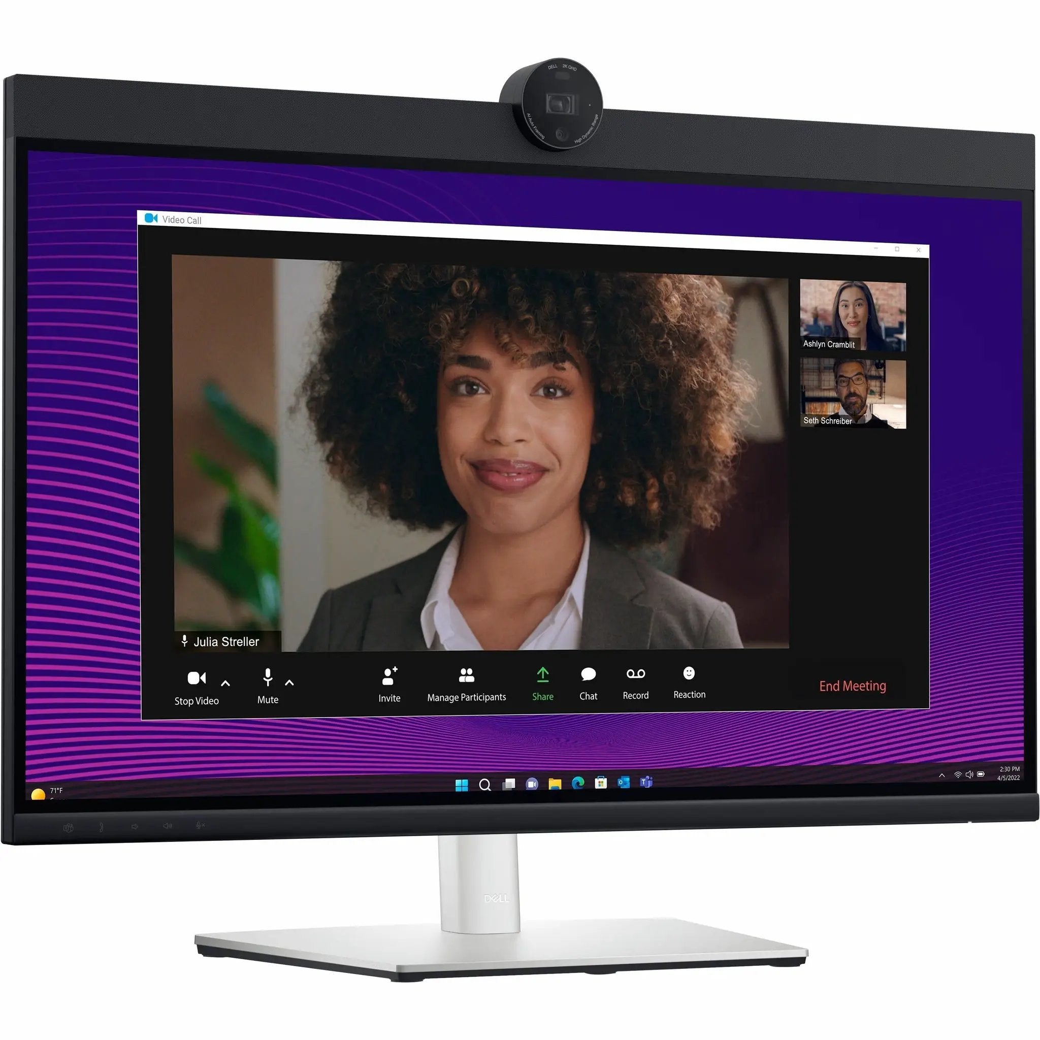 Dell P2724DEB 27-inch WQHD monitor with built-in webcam, black bezel on a silver stand
