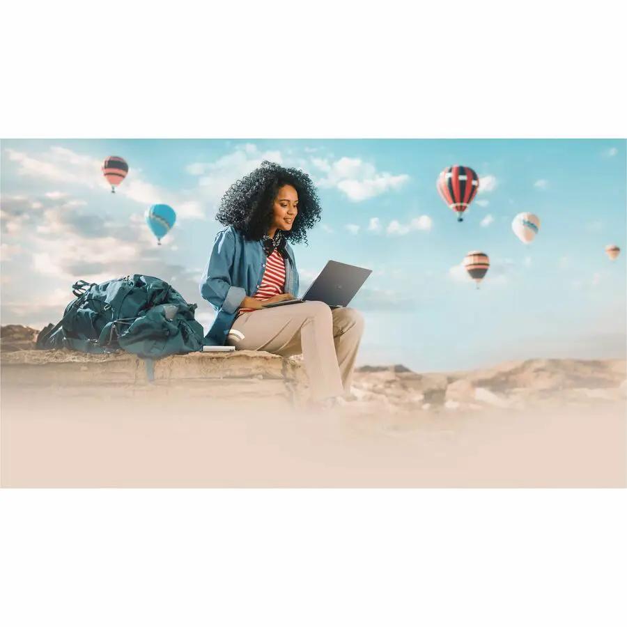 ASUS AX3000 DualBand WiFi6 VPN Router; person with laptop outdoors on rocky terrain with backpack and balloons in sky