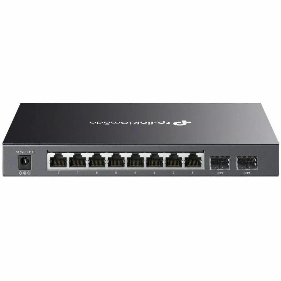 TP-Link Omada SG2210P8 10-Port PoE+ SFP Switch, black metal chassis with 8 RJ-45 PoE ports and 2 SFP uplink ports