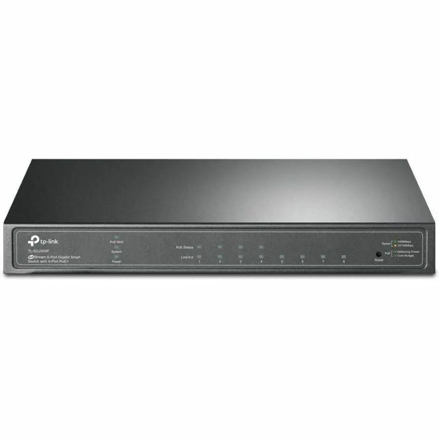 TP-Link Omada SmartSwitch 8-Port Gigabit PoE+ managed switch, black metal chassis on white background