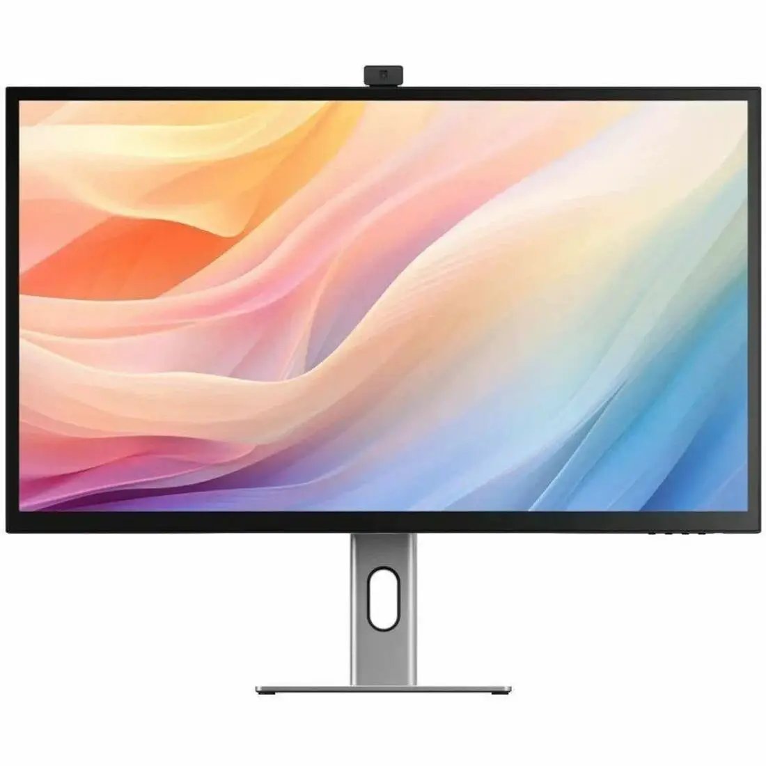 Alogic Clarity 32-inch USB-C hub monitor with built-in webcam on a silver stand