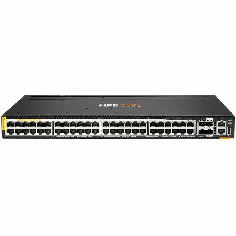 Aruba 6300L 48-port PoE switch front view with dual-row RJ45 ports, black metal chassis