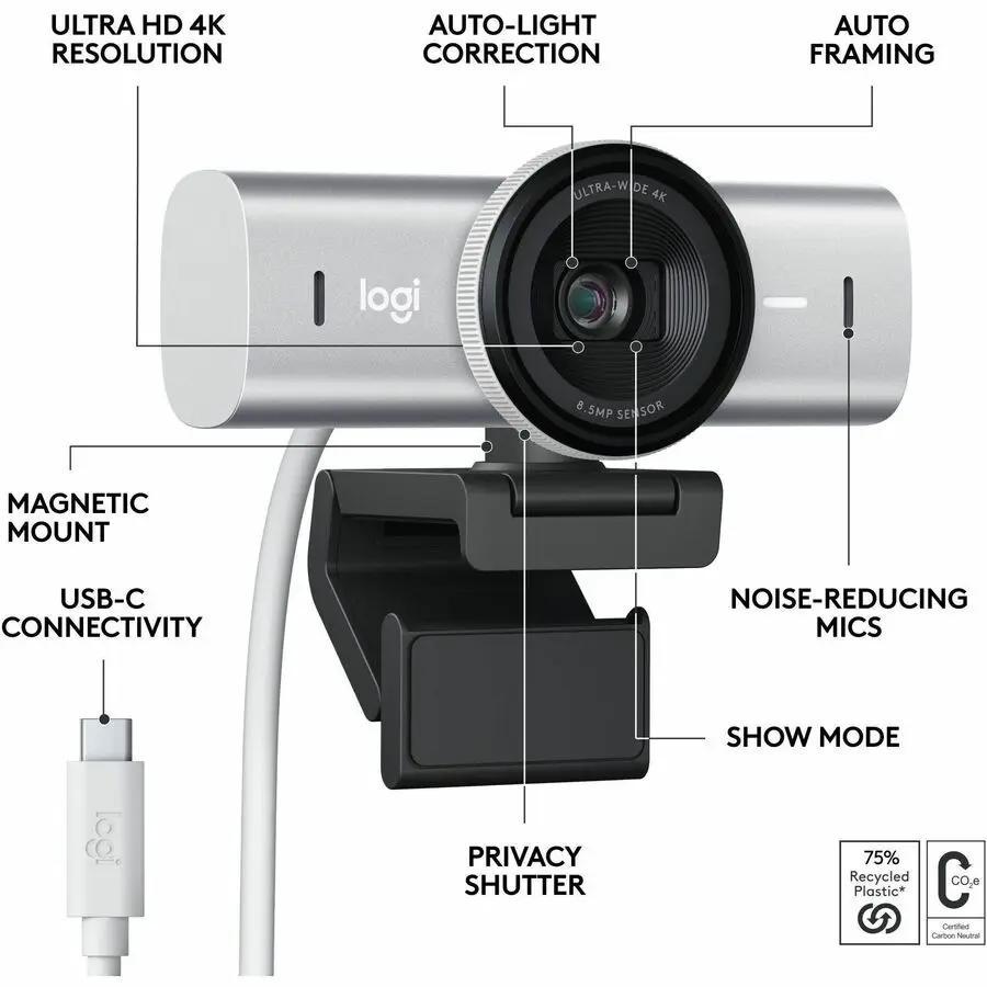 Logitech MX BRIO webcam, black, mounted on an adjustable mount with USB-C connectivity