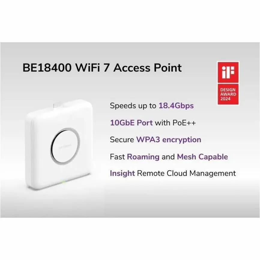 Netgear WBE750 Tri Band Wi-Fi 7 IEEE 802.11 a/b/g/n/ac/ax/be 18.40 Gbit/s Wireless Access Point