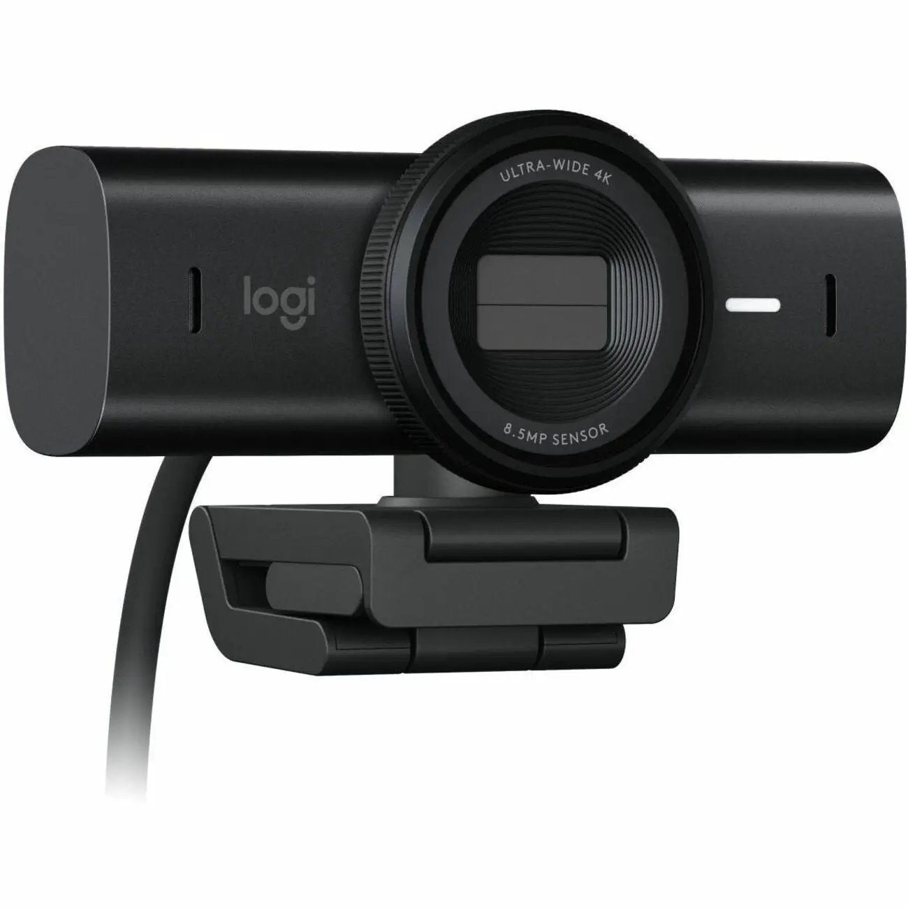 Logitech Master MX Brio webcam, black, USB-C, mounted on a clip mount.