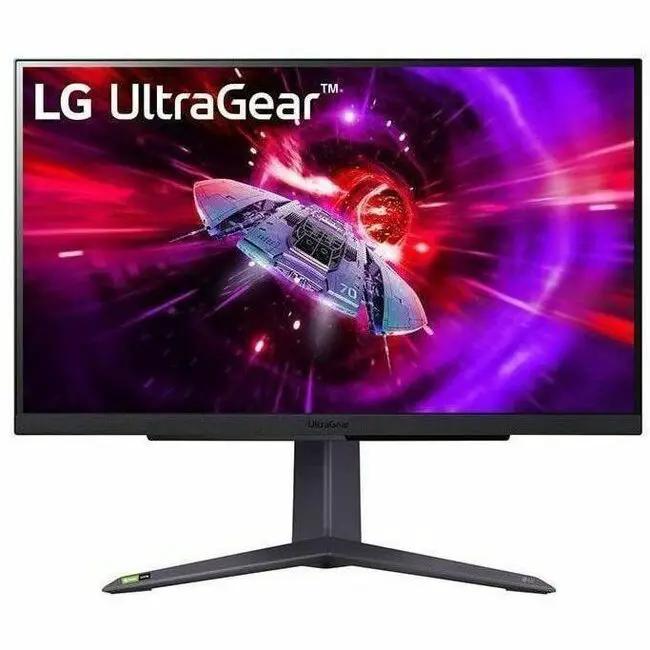 LG 27GR75QB-B 27-inch gaming monitor by LG Electronics, black with stand, displays space artwork.