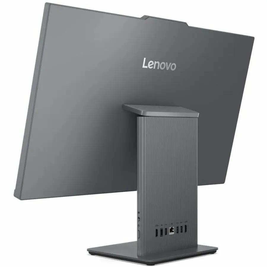Lenovo IdeaCentre 27 All-in-One desktop computer, gray, rear view with stand and ports