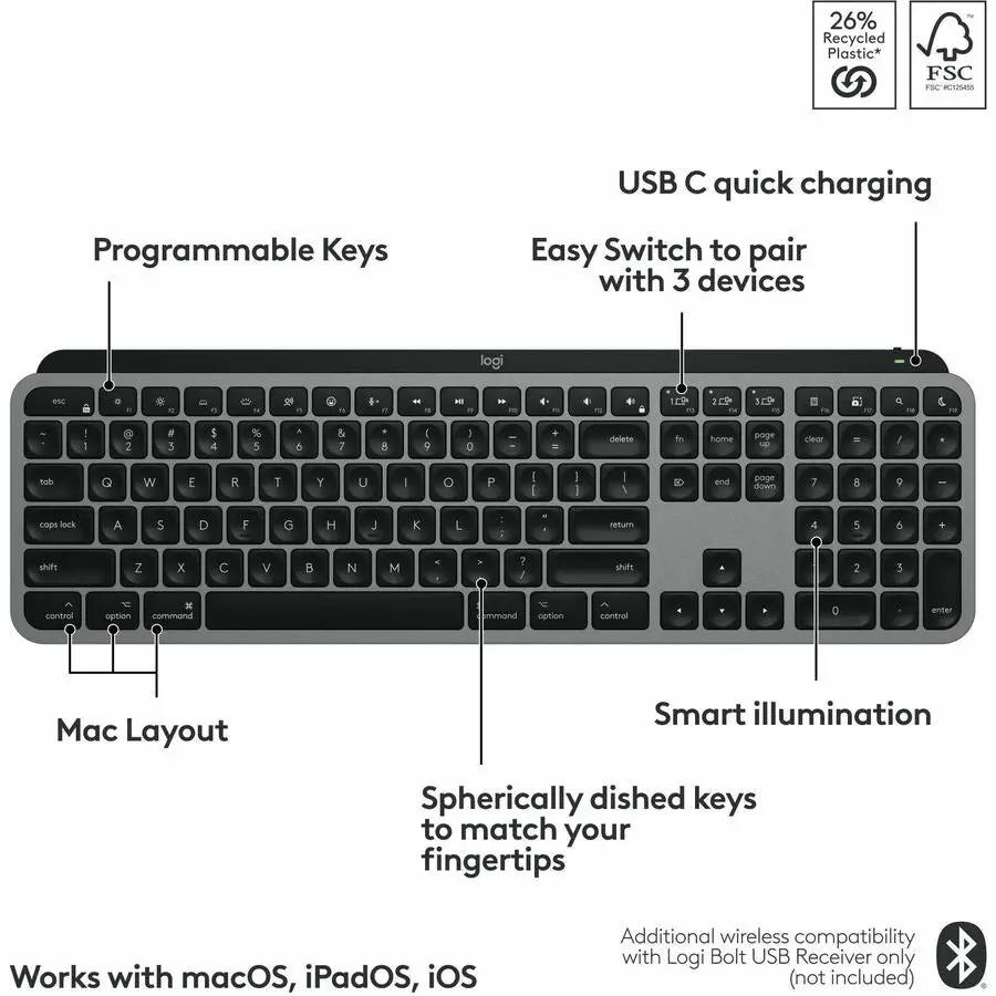 Logitech MX Keys S for Mac, Wireless Keyboard, Fluid, Precise Laptop-Like Typing, Programmable Keys, Backlit, Bluetooth, Space Grey
