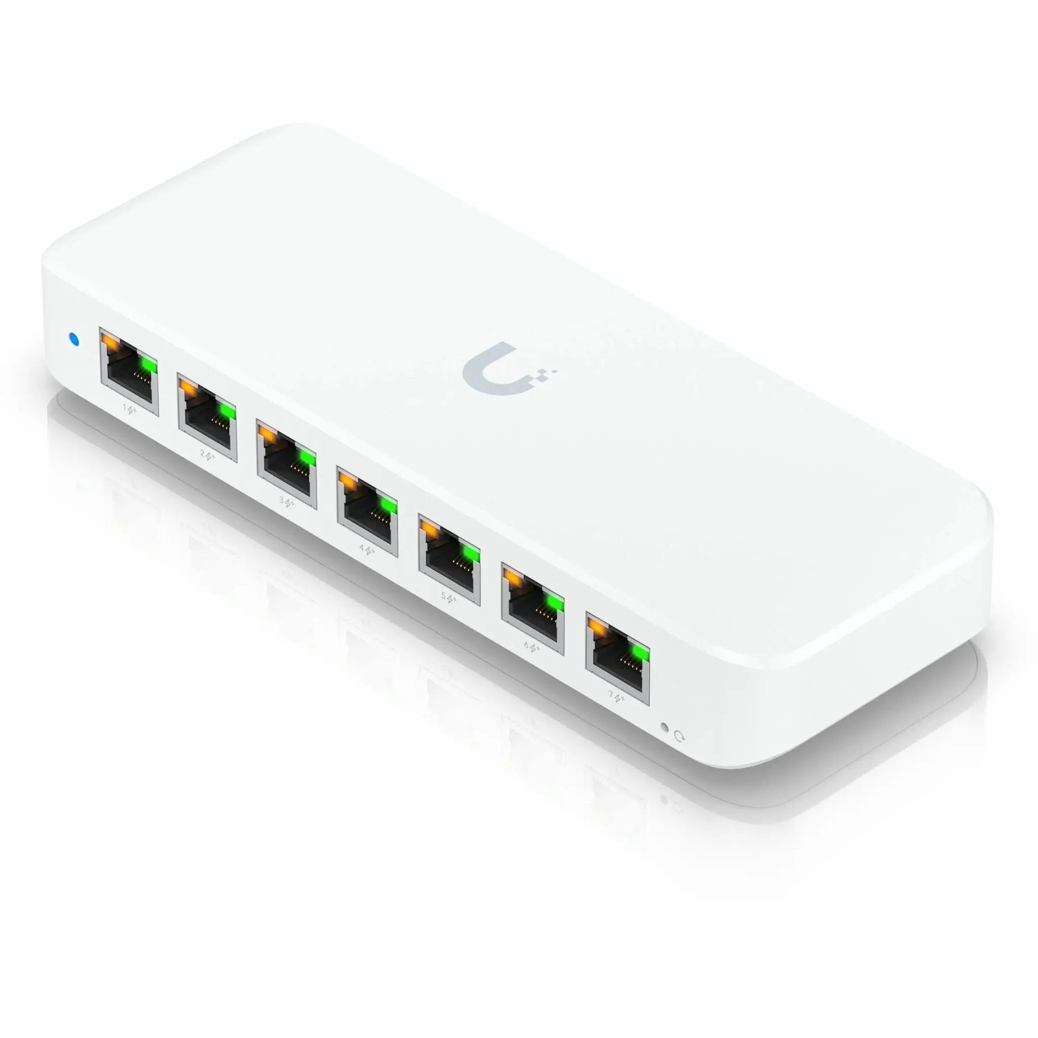 Ubiquiti UniFi Ultra 8-Port Gigabit PoE Switch, white with 8 Ethernet ports and LED indicators