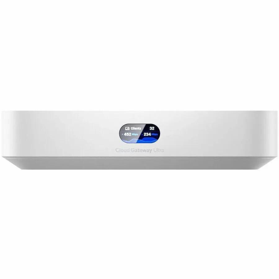 Ubiquiti UniFi Cloud Gateway Ultra white wired router with compact front display