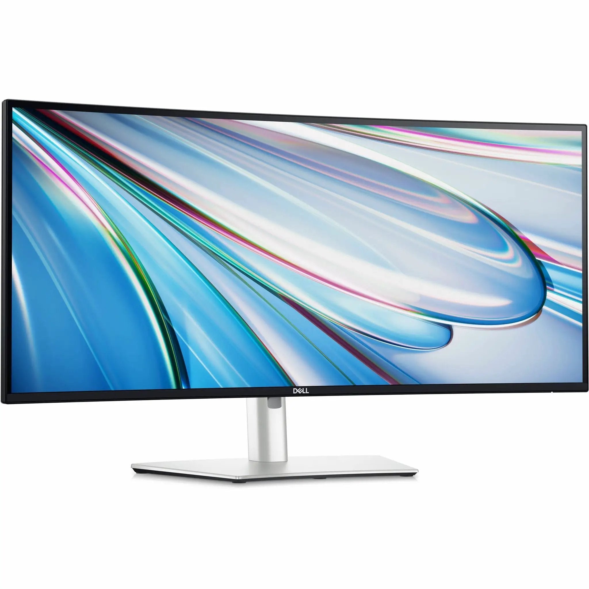 Dell UltraSharp U3425WE 34-inch UW‑QHD curved monitor with black bezel on a silver stand