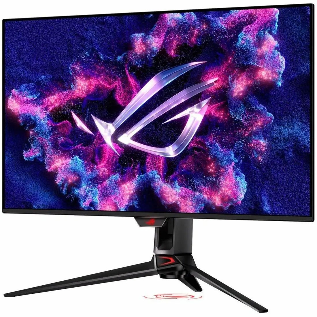 ASUS ROG Swift PG32UCDM 32-inch OLED gaming monitor on a black three-prong stand with red ROG accent