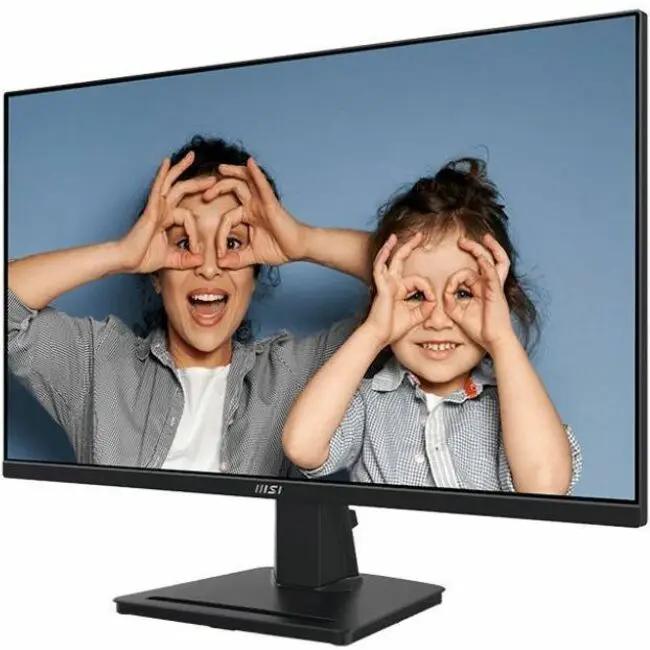 MSI Pro MP275Q 27-inch WQHD monitor with matte black bezel on a black stand; screen shows two kids making circle shapes.