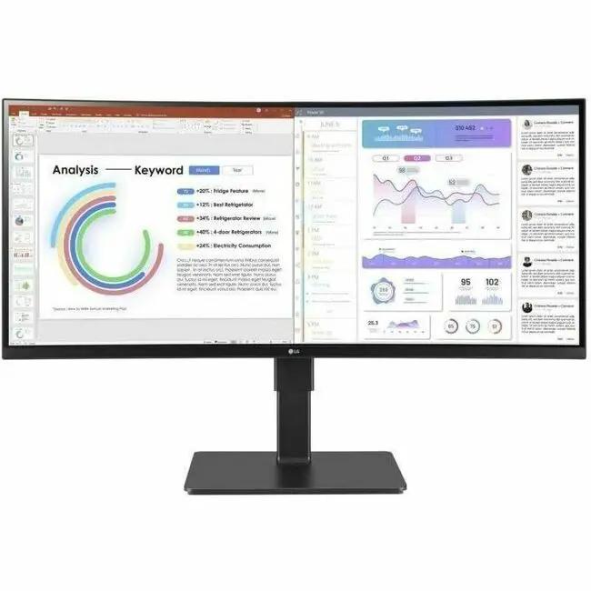 LG UltraWide 34BQ77QE-B 34-inch IPS monitor with black bezel on stand, 3440x1440 resolution