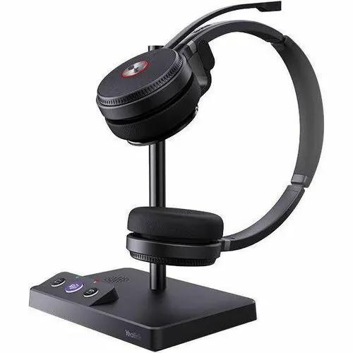 Yealink WH62 Dual Teams V3 wireless headset on a display stand with base controls