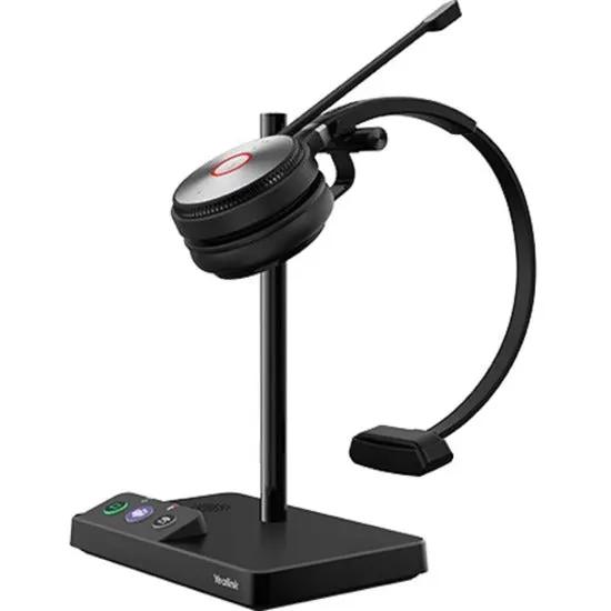 Yealink WH62 Mono Teams V3 headset on a black desk stand