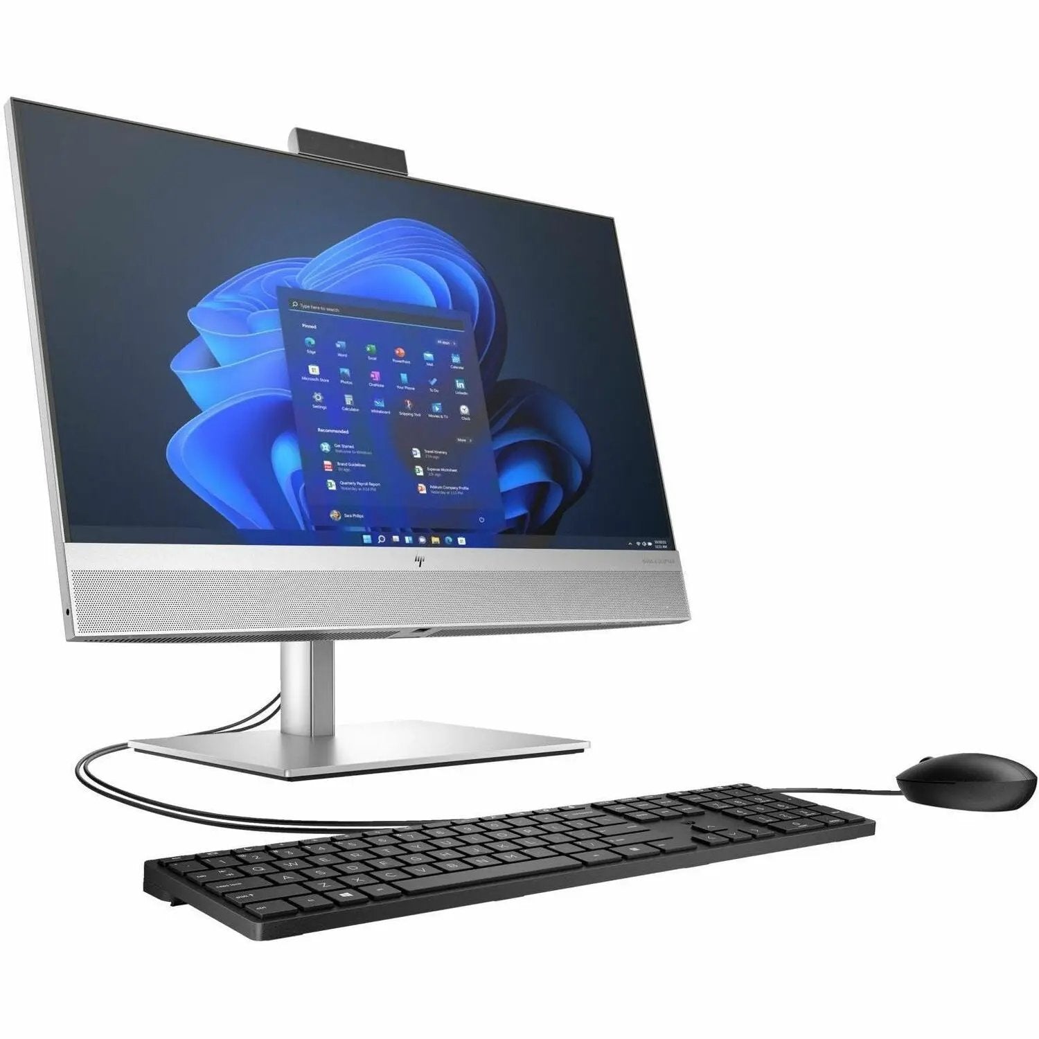HP EliteOne 840 G9 All-in-One desktop computer with silver finish, stand, keyboard and mouse (2 items)