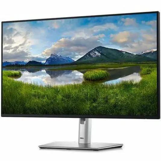 Dell P2725H 27-inch FHD monitor with black bezel and silver stand displaying a landscape scene