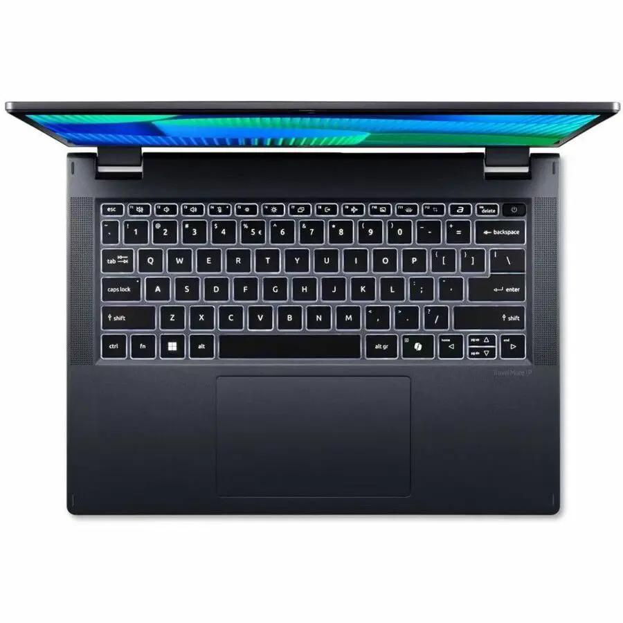 Acer TravelMate P4 Spin 14 2-in-1 notebook, dark blue, 14-inch touchscreen convertible.