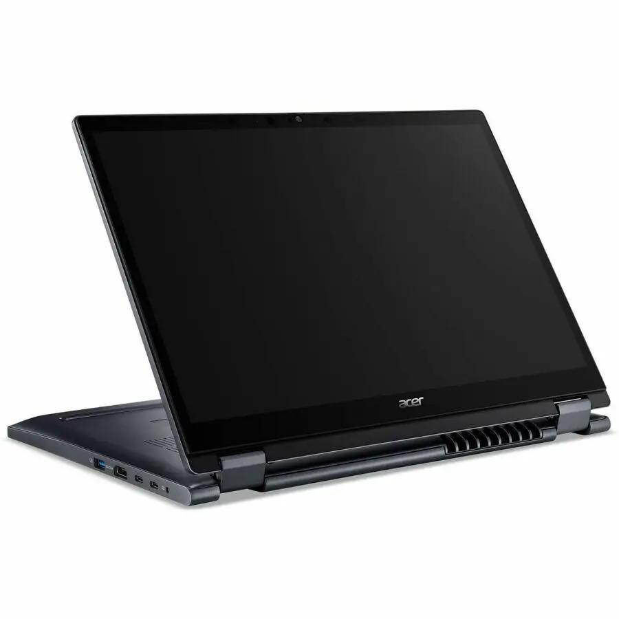 Acer TravelMate 2-in-1 laptop, black convertible notebook with slim profile and visible left-edge ports.