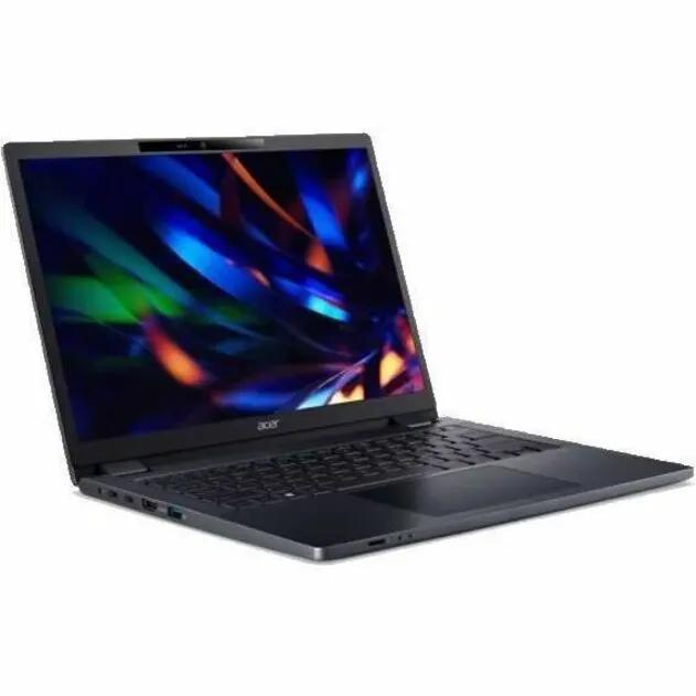 Acer TravelMate 16 laptop, black, open on white background.