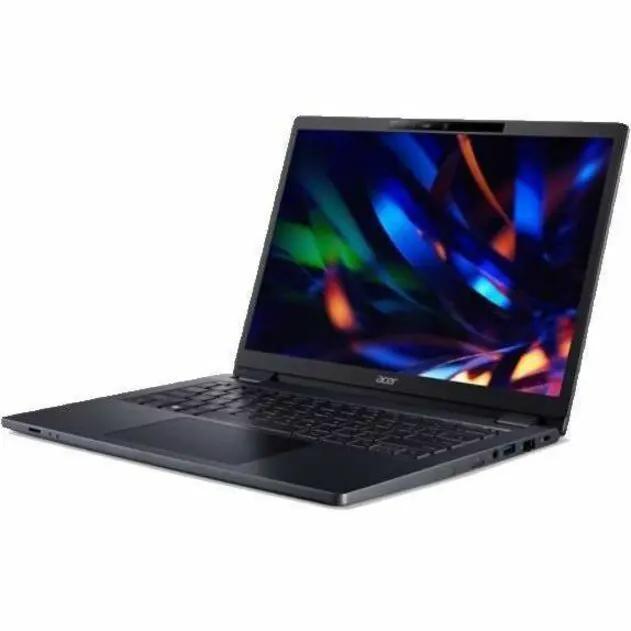 Acer TravelMate 16 laptop on white background, black body with silver hinge.