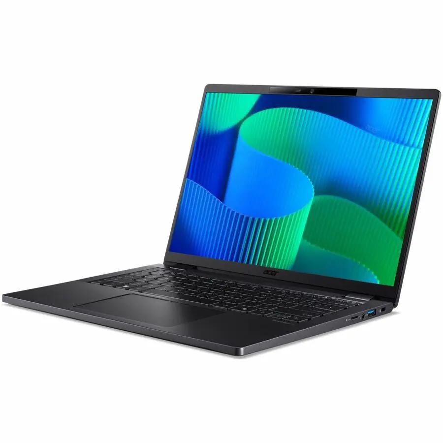 Acer TravelMate P6 laptop, black, open on white studio background