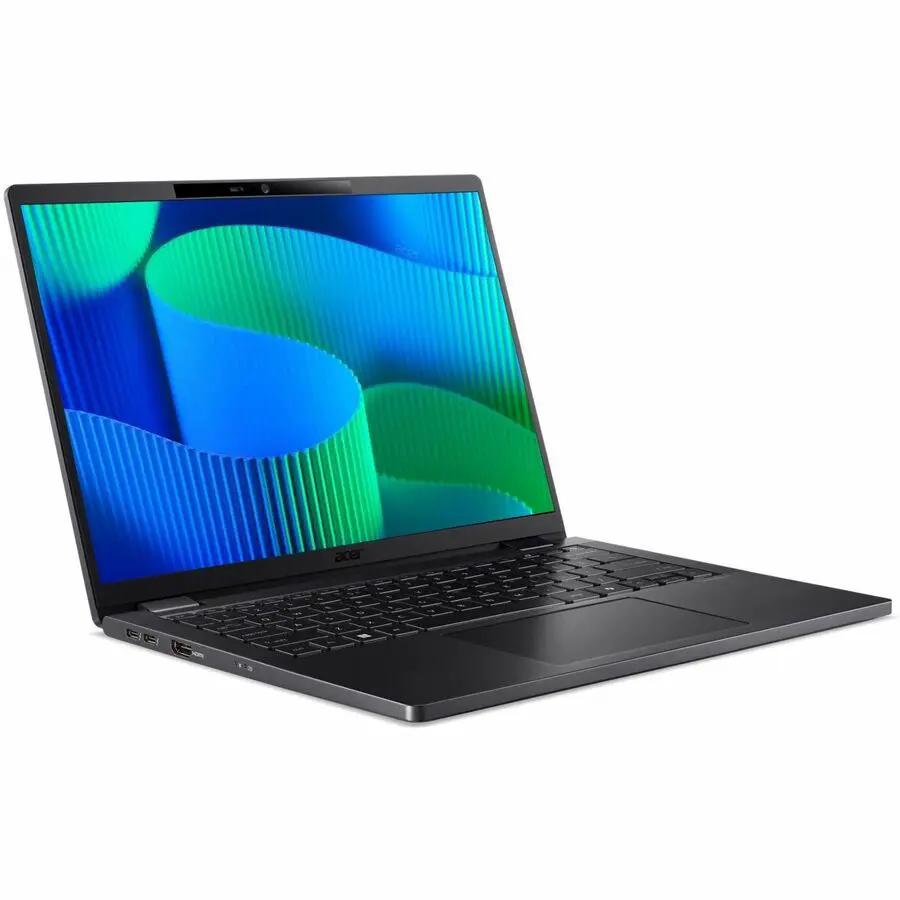 Acer TravelMate P6 laptop, black, open on white background with keyboard and screen showing blue-green wallpaper.