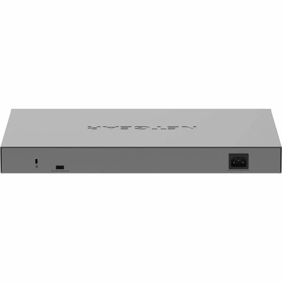 NETGEAR 48-Port PoE+ SFP+ Managed Switch in gray metal enclosure with front USB port.