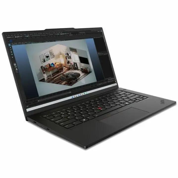 Lenovo ThinkPad P14s Gen 5 laptop, black, open with display.