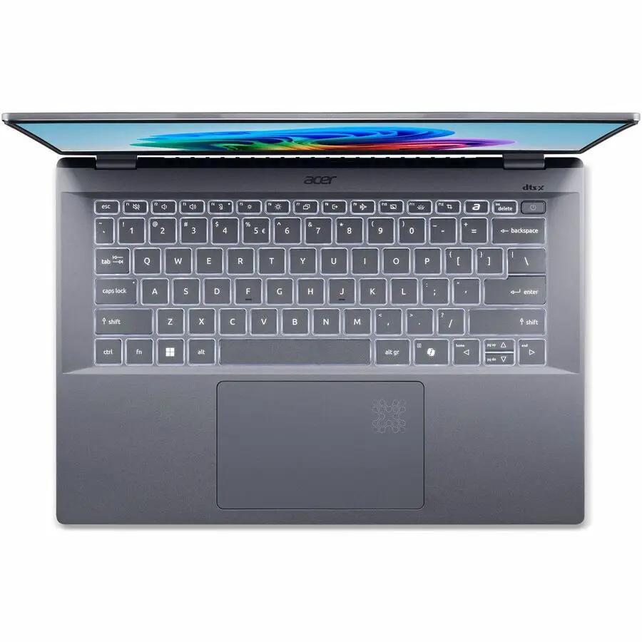 Acer Swift 14 AI notebook in silver, top-down view showing keyboard and trackpad